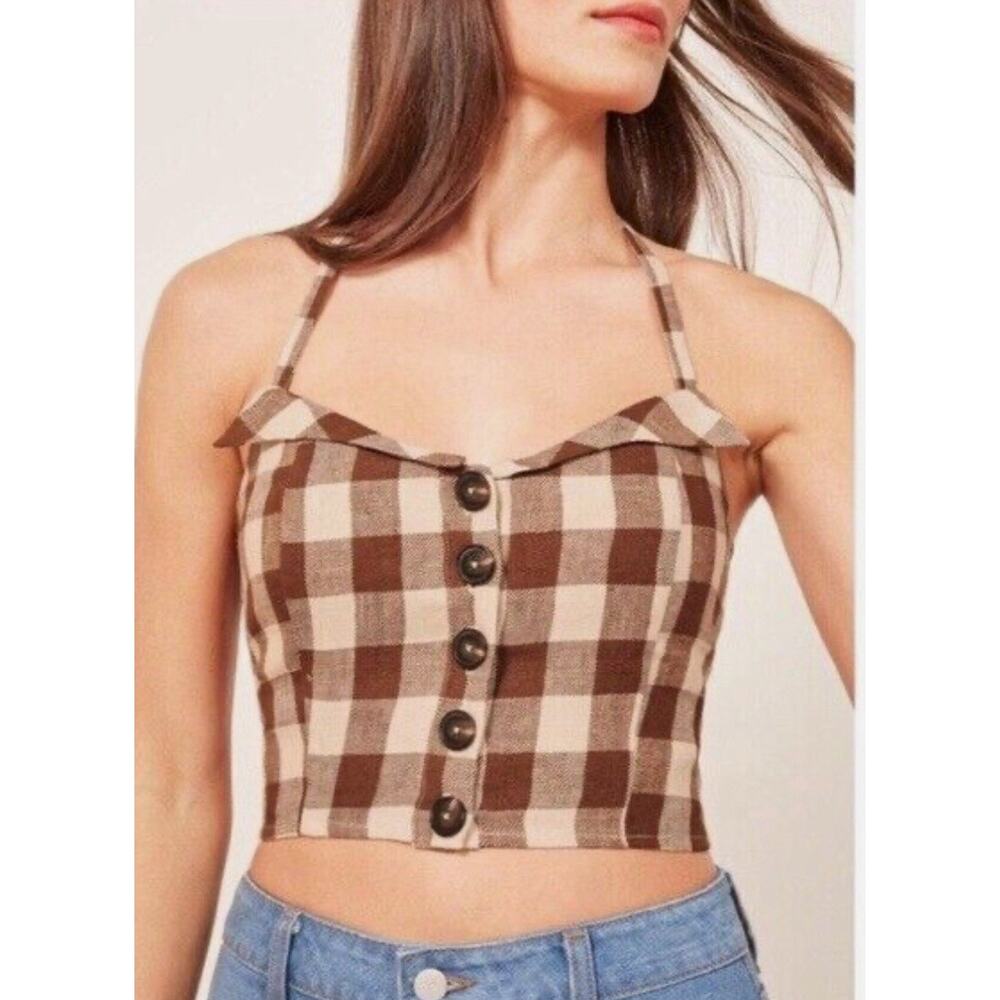 Reformation Women Connie Gingham Havana Halter Top PLAID SIZE 0 A000039